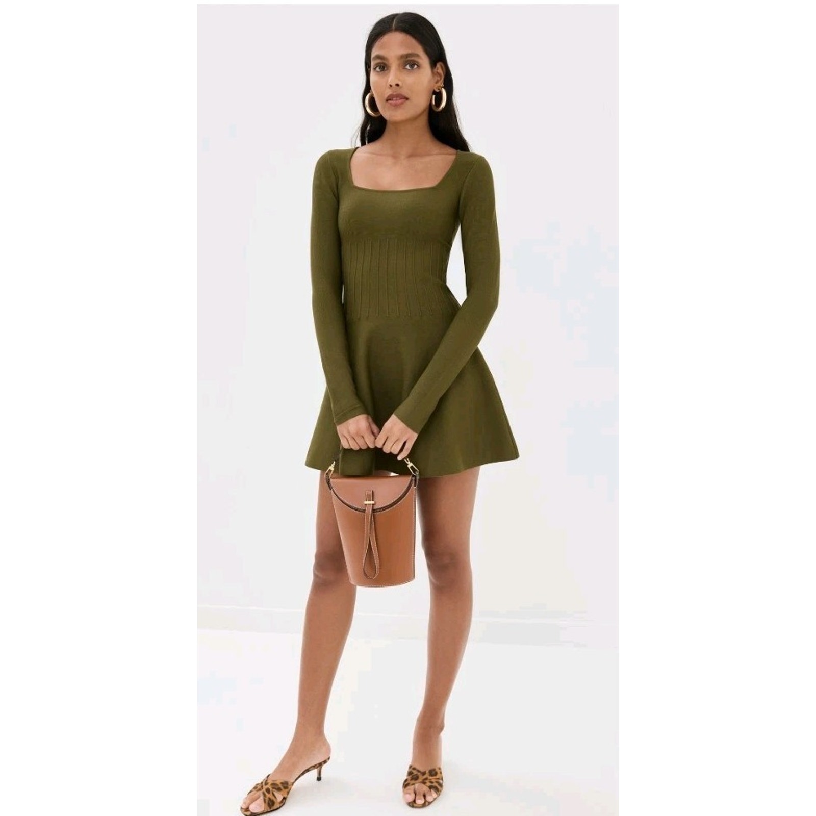 New Staud Deora Square Knit Long Sleeve Pleated Mini Dress In Green Xs
